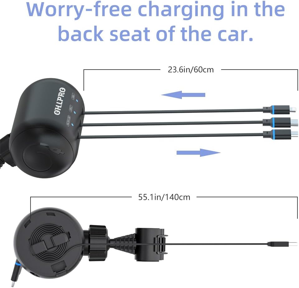 OHLPRO Multi Car Retractable Backseat 3 in 1 Car Charging Station Box Compatible with All Phones | iPhone | Samsung | Uber Taxi Lyft Turo Ride Share Customer Charging Dock Attach to Headrest