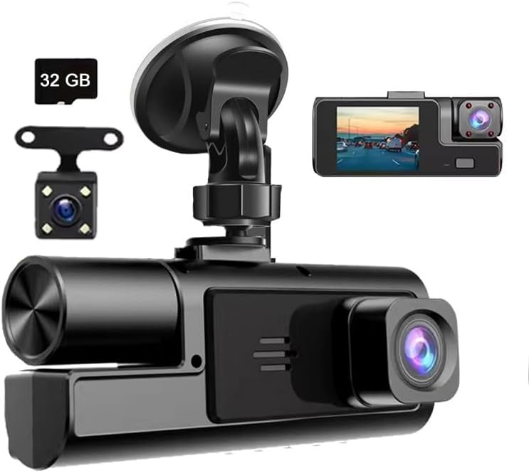 1080P 3 Channel Dash Camera for Car Front and Rear Inside Dashcam Car Video Recorder,170°Wide Angle Vehicle Cam,WDR,G-Sensor,2’’ IPS Screen,Loop Recording,Night Vision(3Channel Dash Cam With 32G Card)