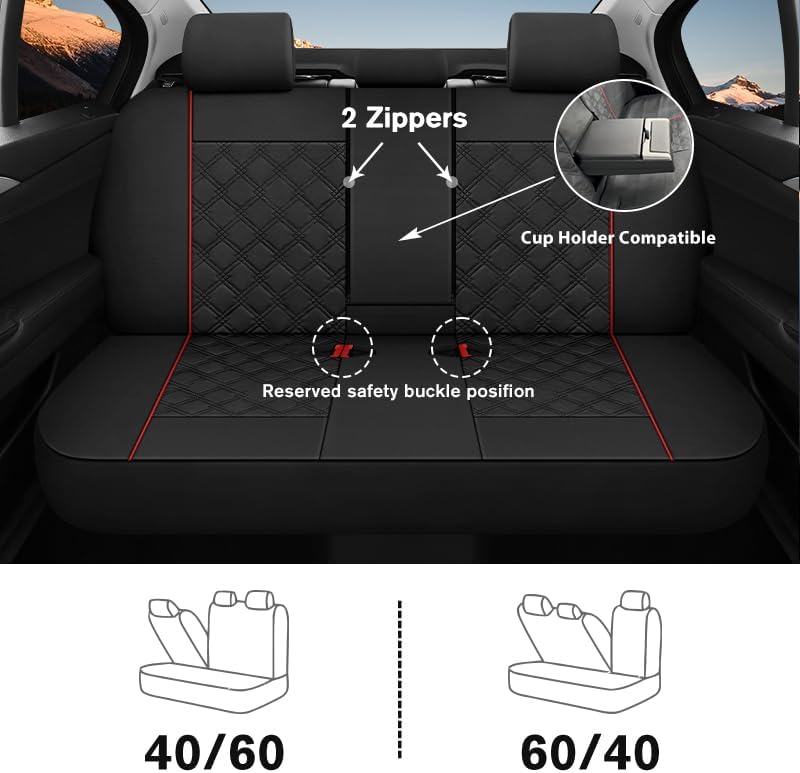 YGL Luxury PU Leather Car Seat Covers Full Set, Non-Slip Seat Cover Protectors, Universal Fit for Cars, Trucks, SUVs, Vans, Pickups, Airbag Compatible, Seat Covers for Car Interior (Black/Red)
