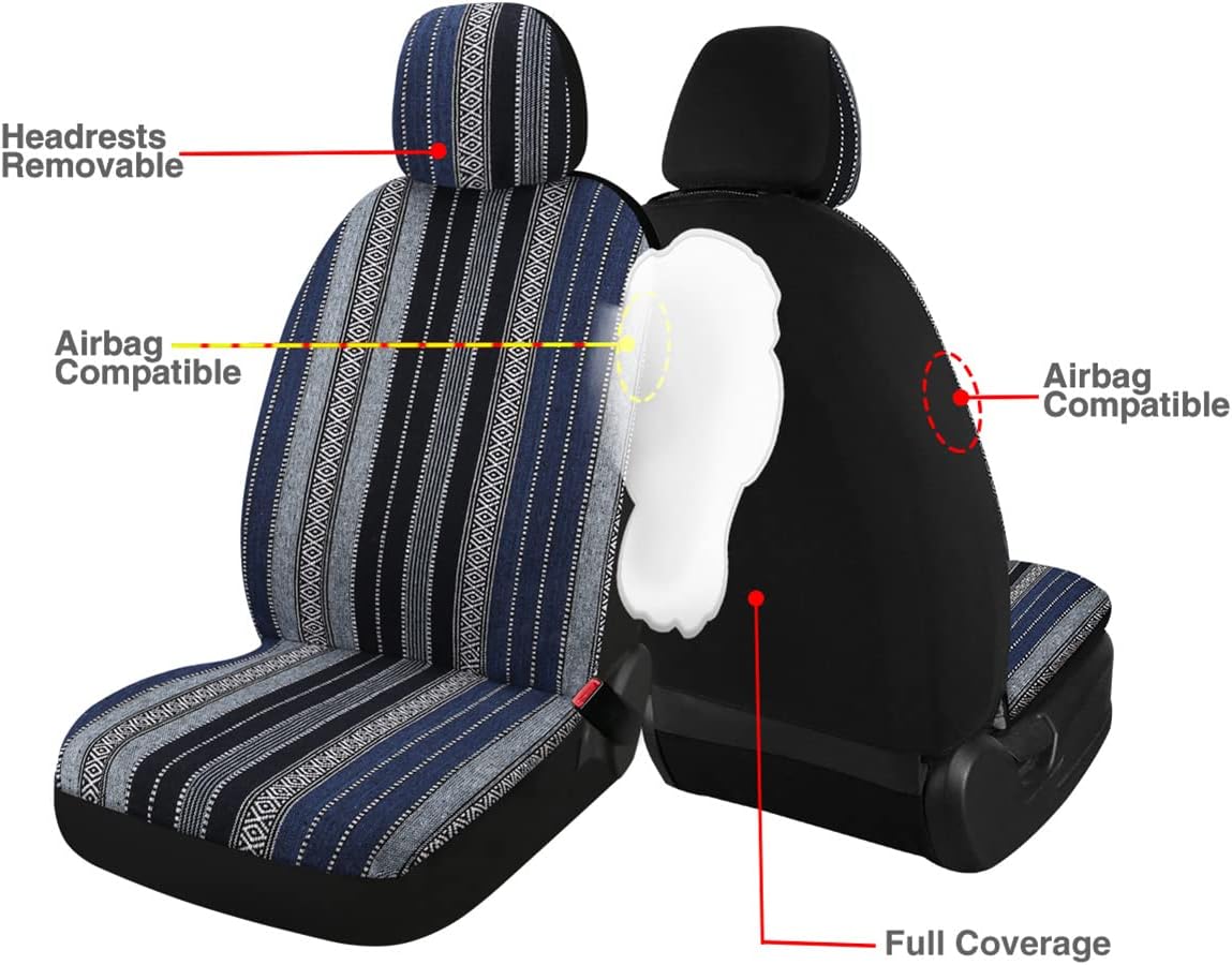 PONYJOYUP Baja Saddle Blanket Car Seat Covers 9PCS Full Set, Breathable and Washable Striped Woven Automotive Vehicle Seat Cover, Universal Seat Cover for Sedan, SUV, Truck, Airbag Compatible