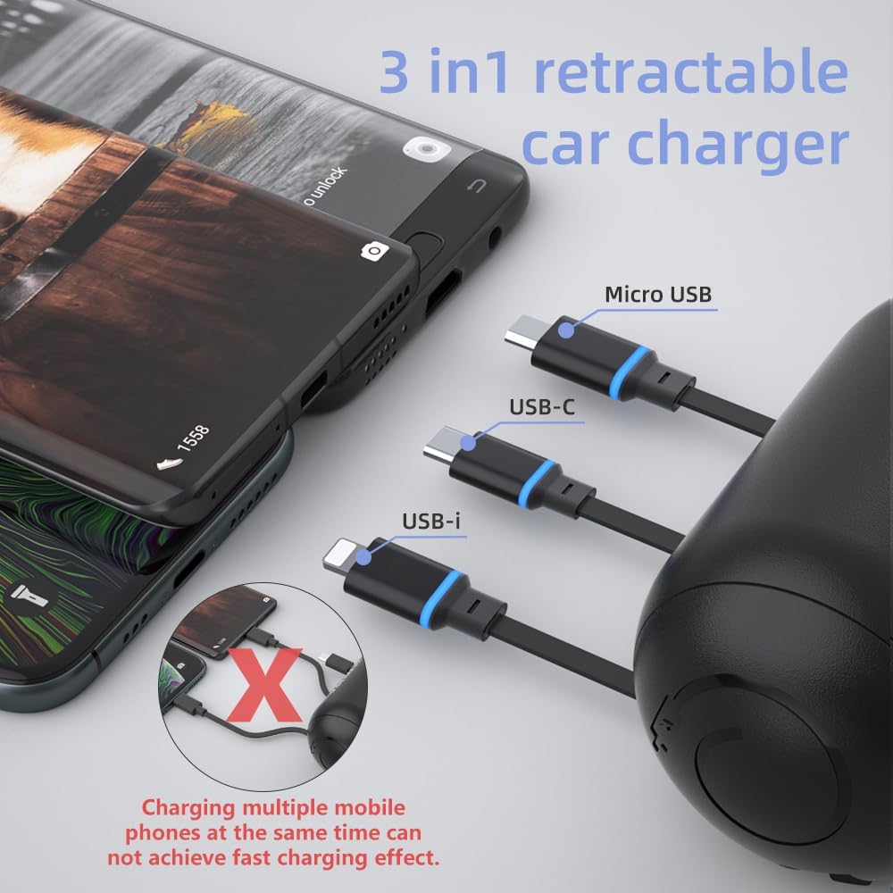 OHLPRO Multi Car Retractable Backseat 3 in 1 Car Charging Station Box Compatible with All Phones | iPhone | Samsung | Uber Taxi Lyft Turo Ride Share Customer Charging Dock Attach to Headrest