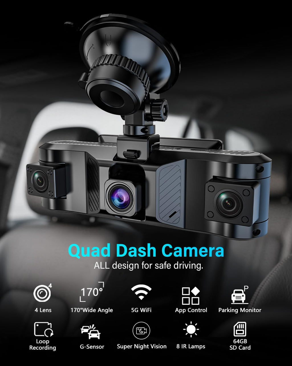 4 Channel Dash Cam Front and Rear Inside Left Right, 360 Degree View Dash Camera for Cars, 1080P Dashcam, 5G WiFi Car Camera with Night Vision, 24/7 Parking Monitor, G-Sensor, Free 64GB Card