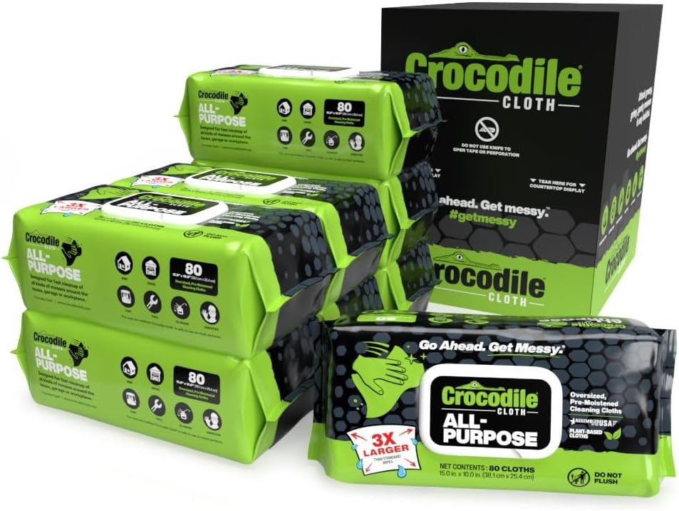 Crocodile Cloth All-Purpose Cleaning Wipes – 80 Count, 15"x10" Extra Large Plant-Based Disposable Cloths – Moist, Absorbent, Safe on Skin, Multi-Surface Use