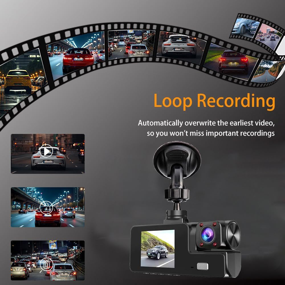 1080P 3 Channel Dash Camera for Car Front and Rear Inside Dashcam Car Video Recorder,170°Wide Angle Vehicle Cam,WDR,G-Sensor,2’’ IPS Screen,Loop Recording,Night Vision(3Channel Dash Cam With 32G Card)