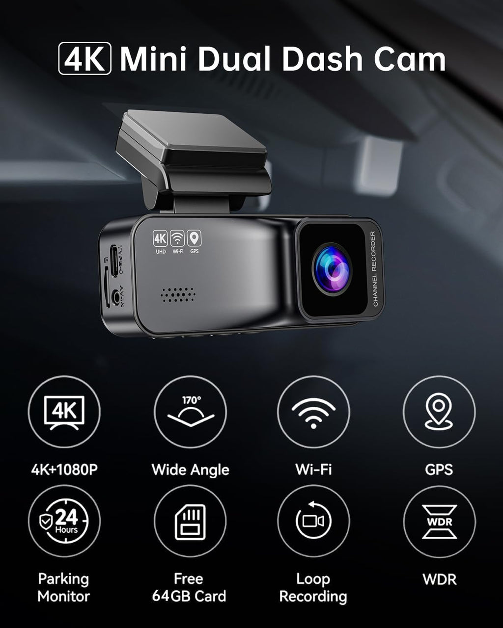 Osmo Dashcam Pro 4k with Front and Rear Camera, GPS, Free 64GB Card, Dashcam with Parking Monitoring, 170° Wide Angle, Night Vsion & Parking Mode