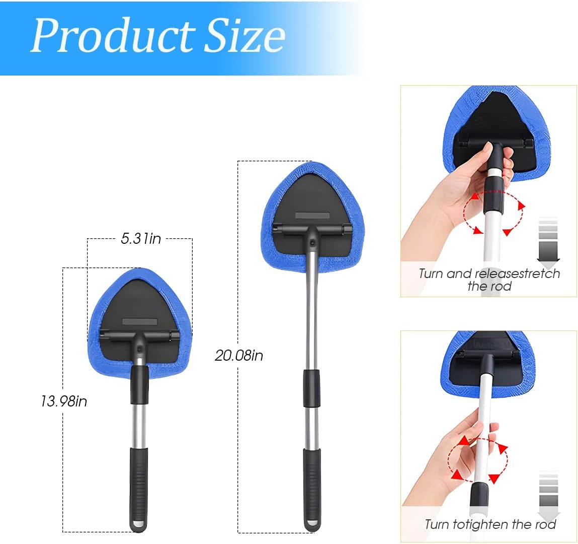 Windshield Cleaning Tool, Car Window Cleaner with Extendable Long Handle and 4 Washable Reusable Microfiber Pads, Auto Interior Exterior Glass Wiper Cleaning Kit Universal for Office and Home (Blue)