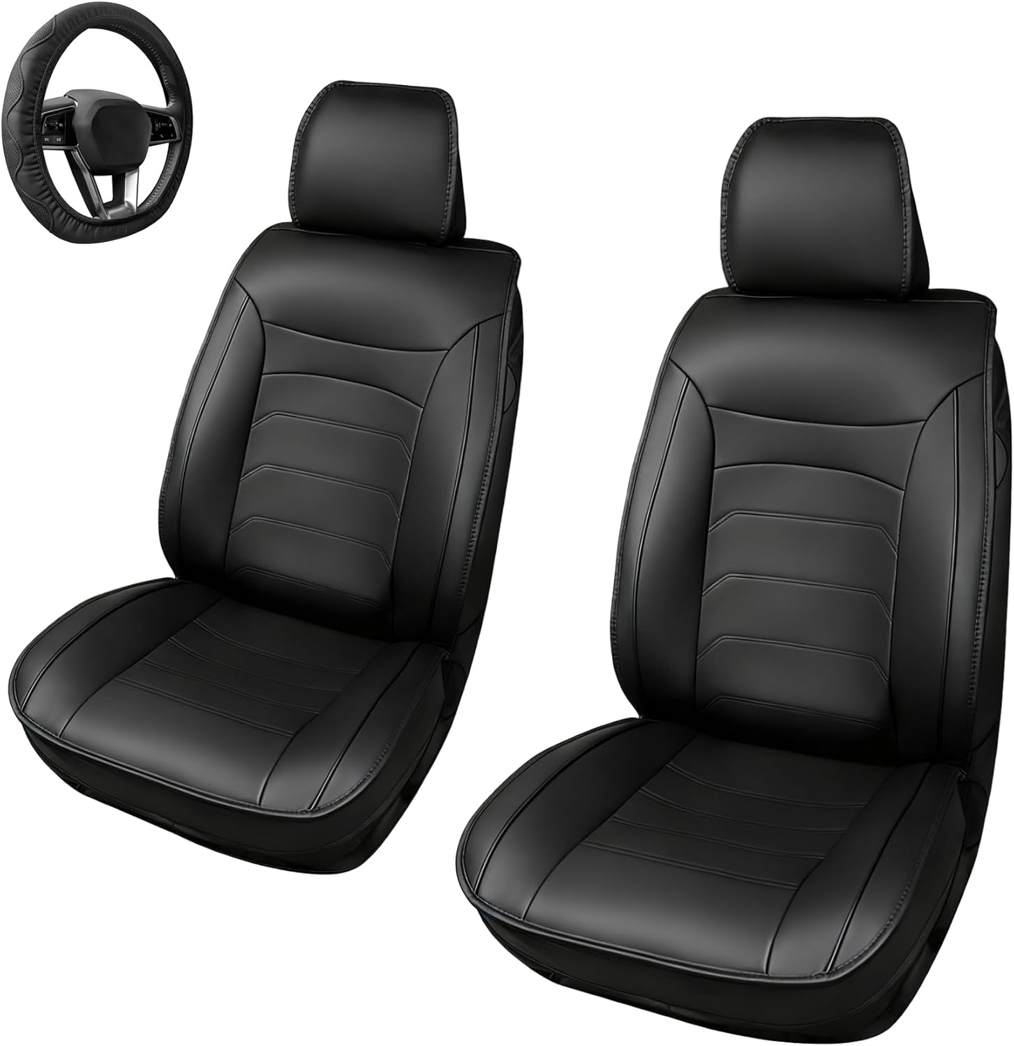 [2025 Upgraded Leather Fabric] Car Seat Cover with Steering Wheel Cover, Car Seat Covers Full Set Airbag Compatible, Waterproof Leather Seat Covers, Universal Car Seat Covers for Trucks, SUV