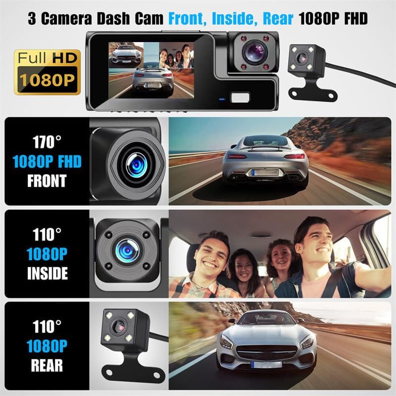 1080P 3 Channel Dash Camera for Car Front and Rear Inside Dashcam Car Video Recorder,170°Wide Angle Vehicle Cam,WDR,G-Sensor,2’’ IPS Screen,Loop Recording,Night Vision(3Channel Dash Cam With 32G Card)