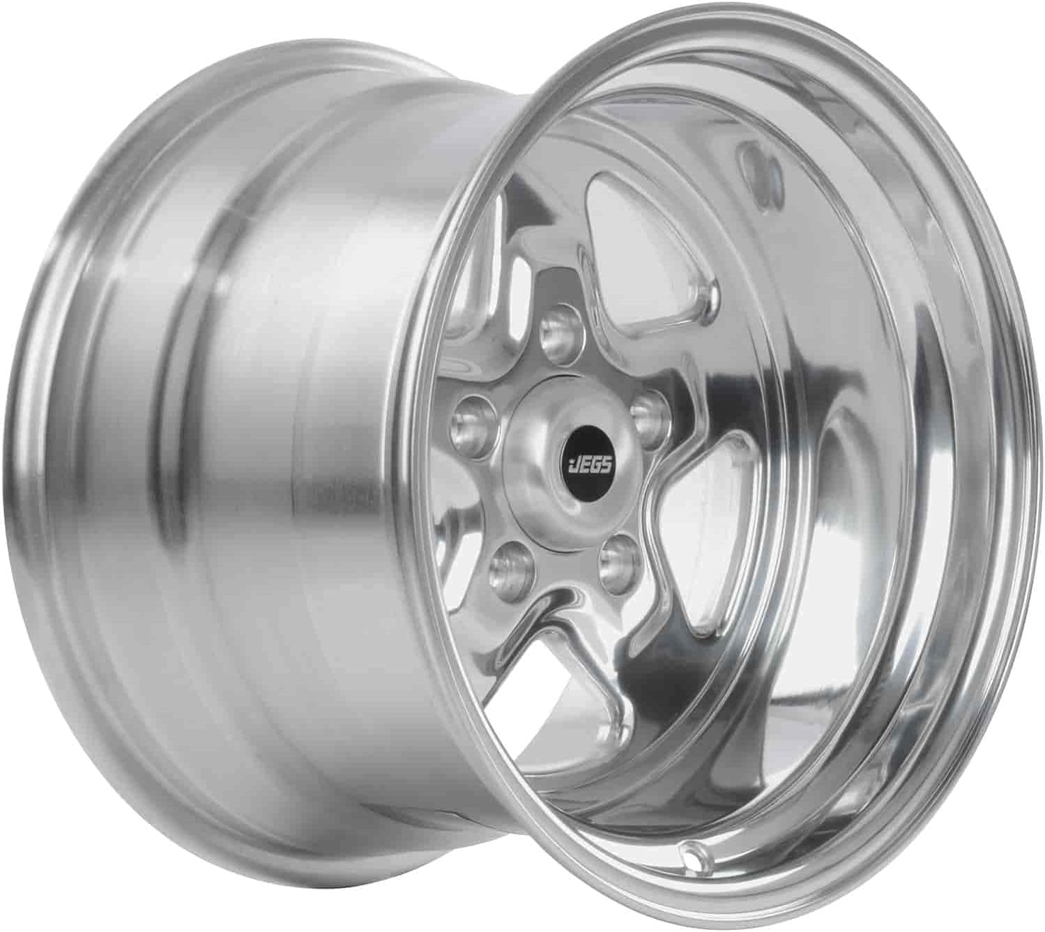 JEGS Sport Star Aluminum Wheel 15” x 10” | 5 x 4.75” Wheel Bolt Pattern Spacing | -25 mm Offset | 4.5” Backspacing | Polished Finish | 3.27” Center Bore | Includes Center Cap