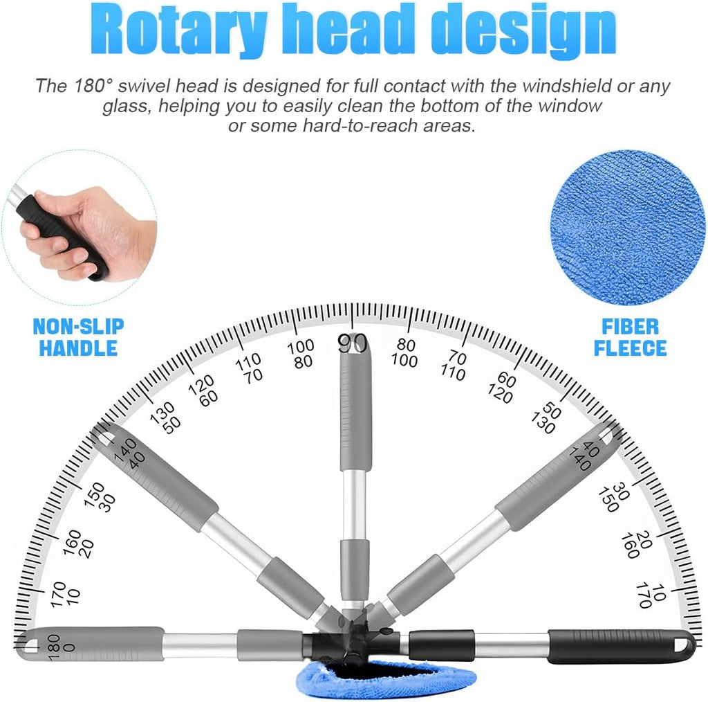 Windshield Cleaning Tool, Car Window Cleaner with Extendable Long Handle and 4 Washable Reusable Microfiber Pads, Auto Interior Exterior Glass Wiper Cleaning Kit Universal for Office and Home (Blue)
