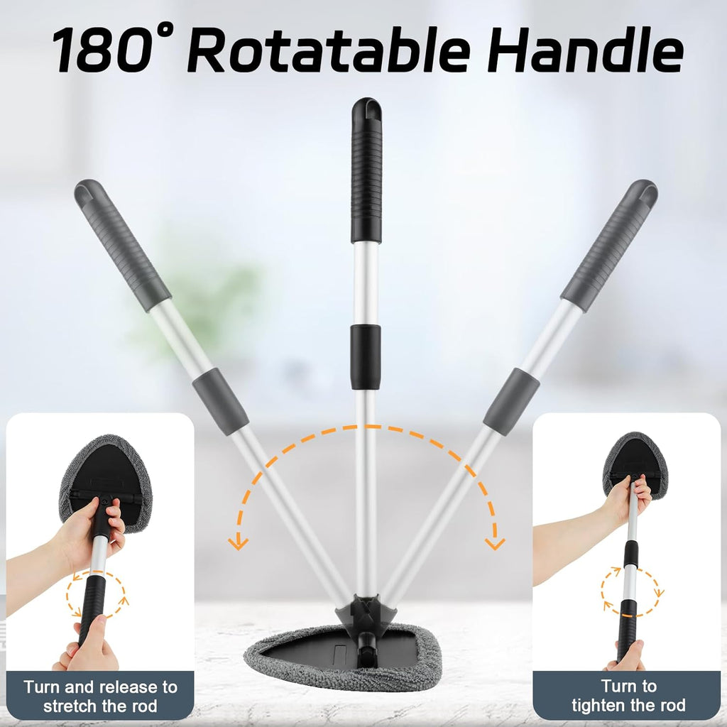 Windshield Cleaner Tool, Car Interior Window Cleaning Tool, Car Wash kit with 4 Reusable Microfiber Pads, 2 Extendable Handle and 2 Spray Bottles, Glass Wiper Kit for Windshield, Home Windows