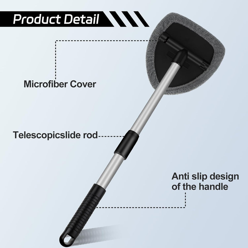 Windshield Cleaner Tool, Car Interior Window Cleaning Tool, Car Wash kit with 4 Reusable Microfiber Pads, 2 Extendable Handle and 2 Spray Bottles, Glass Wiper Kit for Windshield, Home Windows