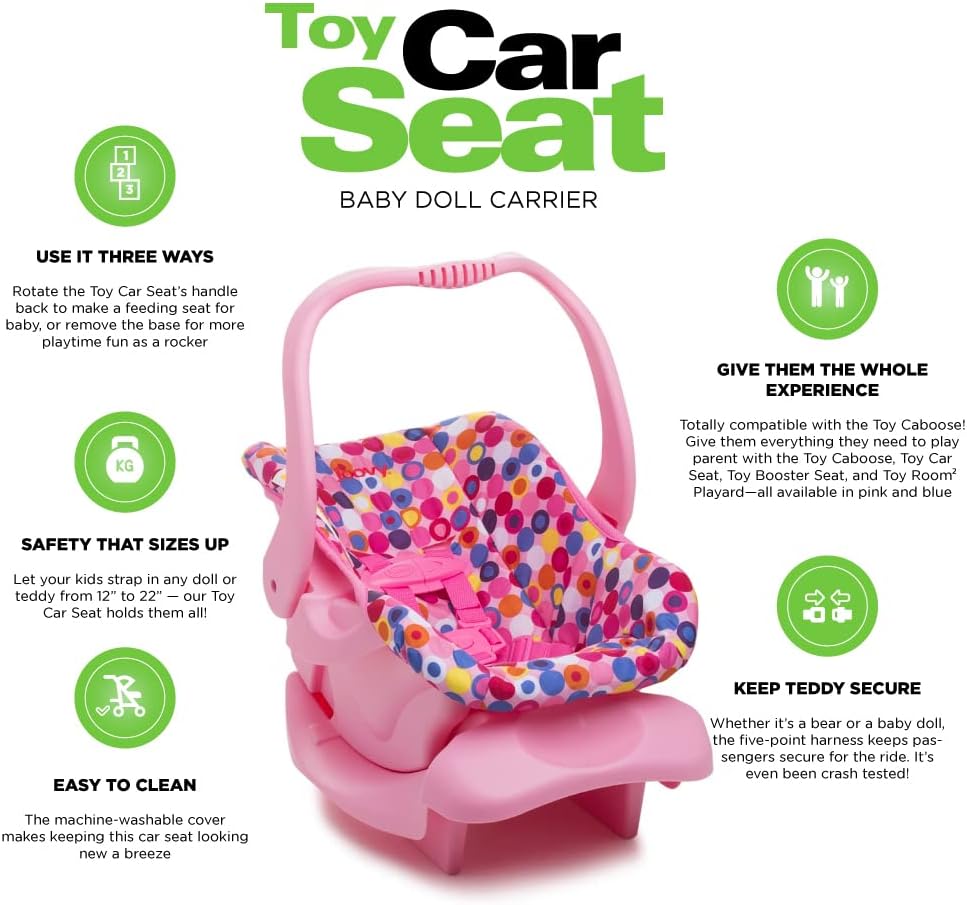 Joovy Toy Car Seat Baby Doll Carrier Featuring Crash-Tested Latch System for Safety, Machine-Washable Cover for Easy Cleaning, and Five-Point Harness - Fits Dolls 12” to 22”, Pink