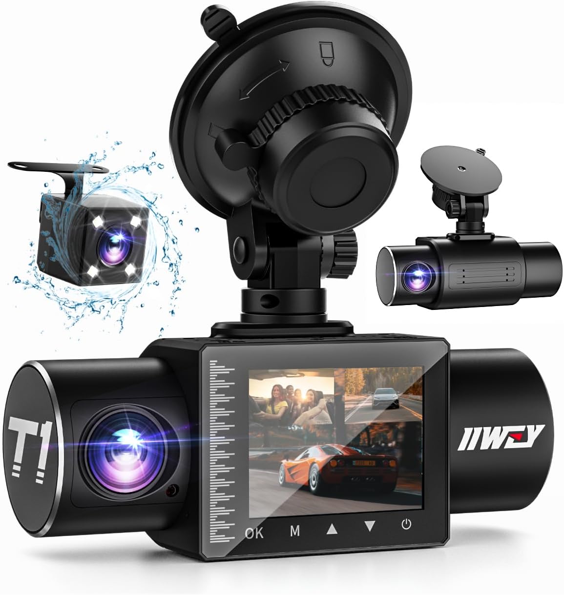 iiwey Dash Cam Front Rear and Inside 1080P Three Channels with IR Night Vision Car Camera SD Card Included Dashboard Camera Dashcam for Cars HDR Motion Detection and G-Sensor for Car, Taxi, Uber