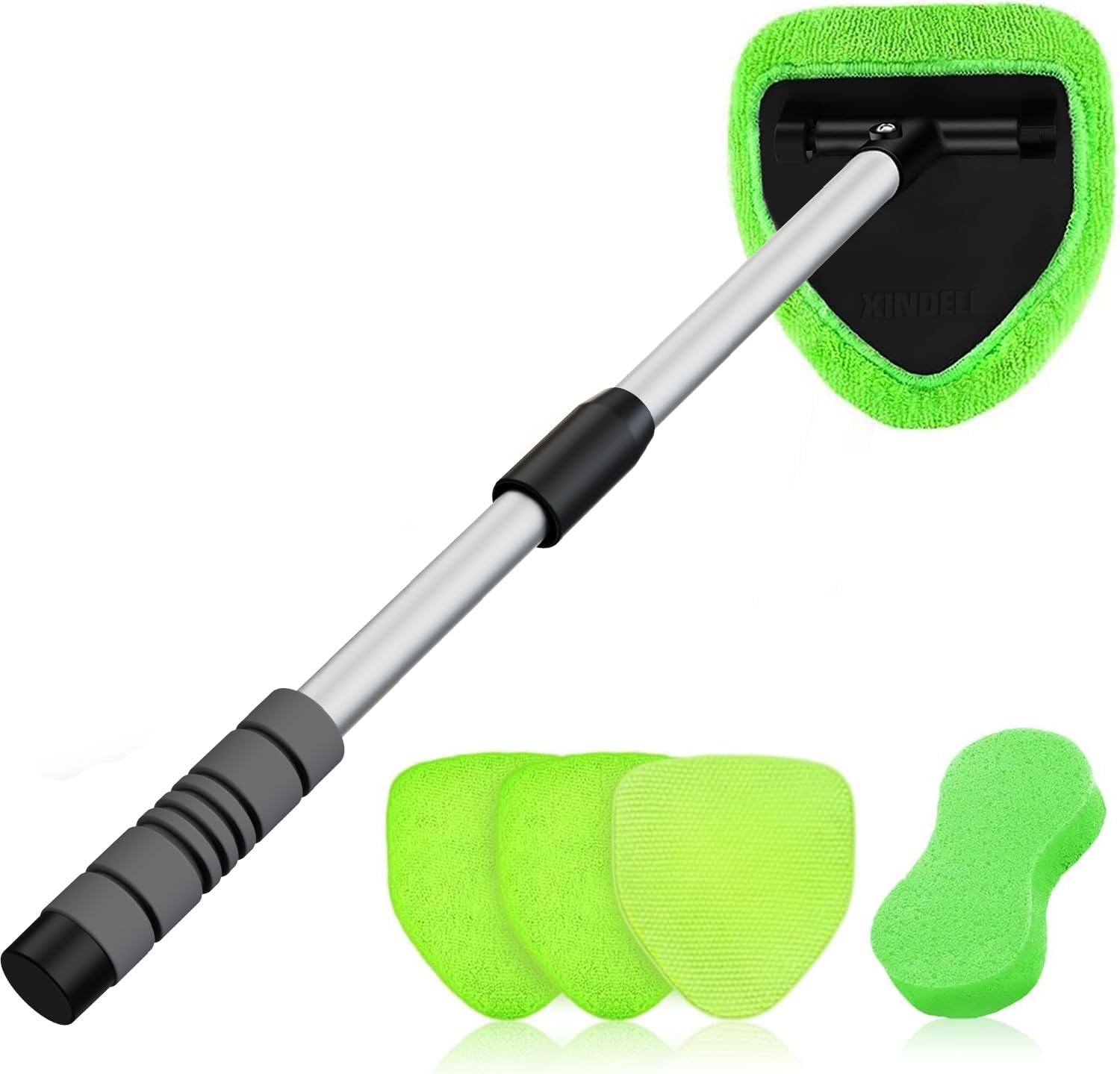 XINDELL Windshield Cleaner Tool – Upgrade Large Head Car Interior&Exterior Window Cleaning Kit with Extendable Handle & 4 Microfiber Pads, Auto Wiper Brush for Car, Trucks, SUVs, RVs & Home Windows