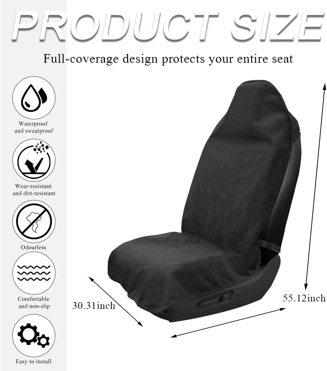 Waterproof Car Towel Seat Cover, Sweating Non-Slip Premium Towel Carseat Cover Protector, Universal Soft Machine Washable Car Truck SUV Front Seat Cover for Gym Workout Beach Hiking (Black)