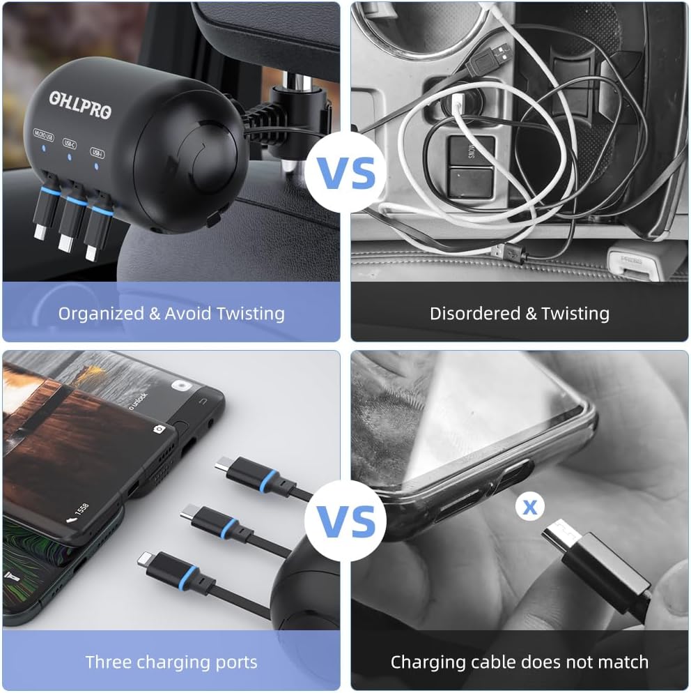 OHLPRO Multi Car Retractable Backseat 3 in 1 Car Charging Station Box Compatible with All Phones | iPhone | Samsung | Uber Taxi Lyft Turo Ride Share Customer Charging Dock Attach to Headrest
