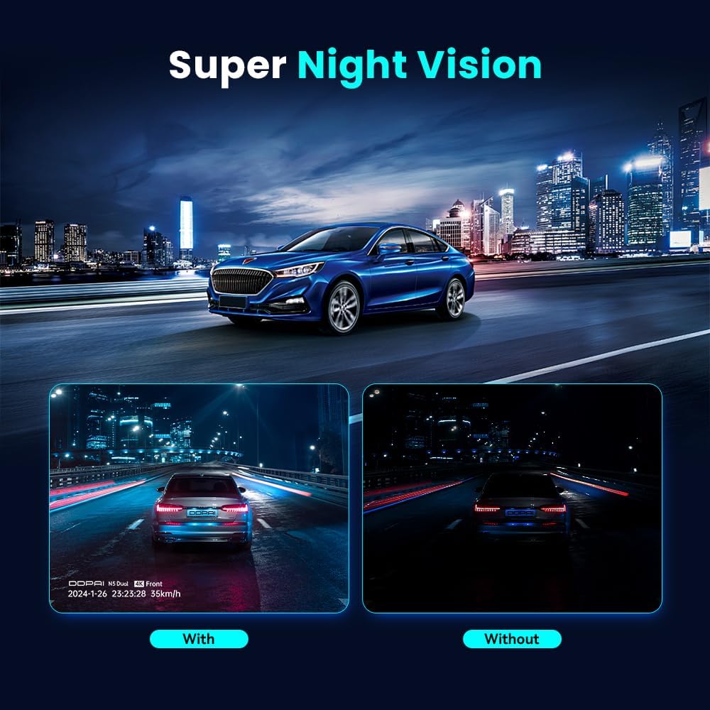 DDPAI 4K Dash Cam Front and Rear, 2160P+1080P Car Dash Camera, GPS 5G WiFi Dashcam for Cars, Free eMMC 32G Dual Storage Support 512G,Radar Motion Detection,Night Vision,72 Hour Parking Mode, N5 Dual