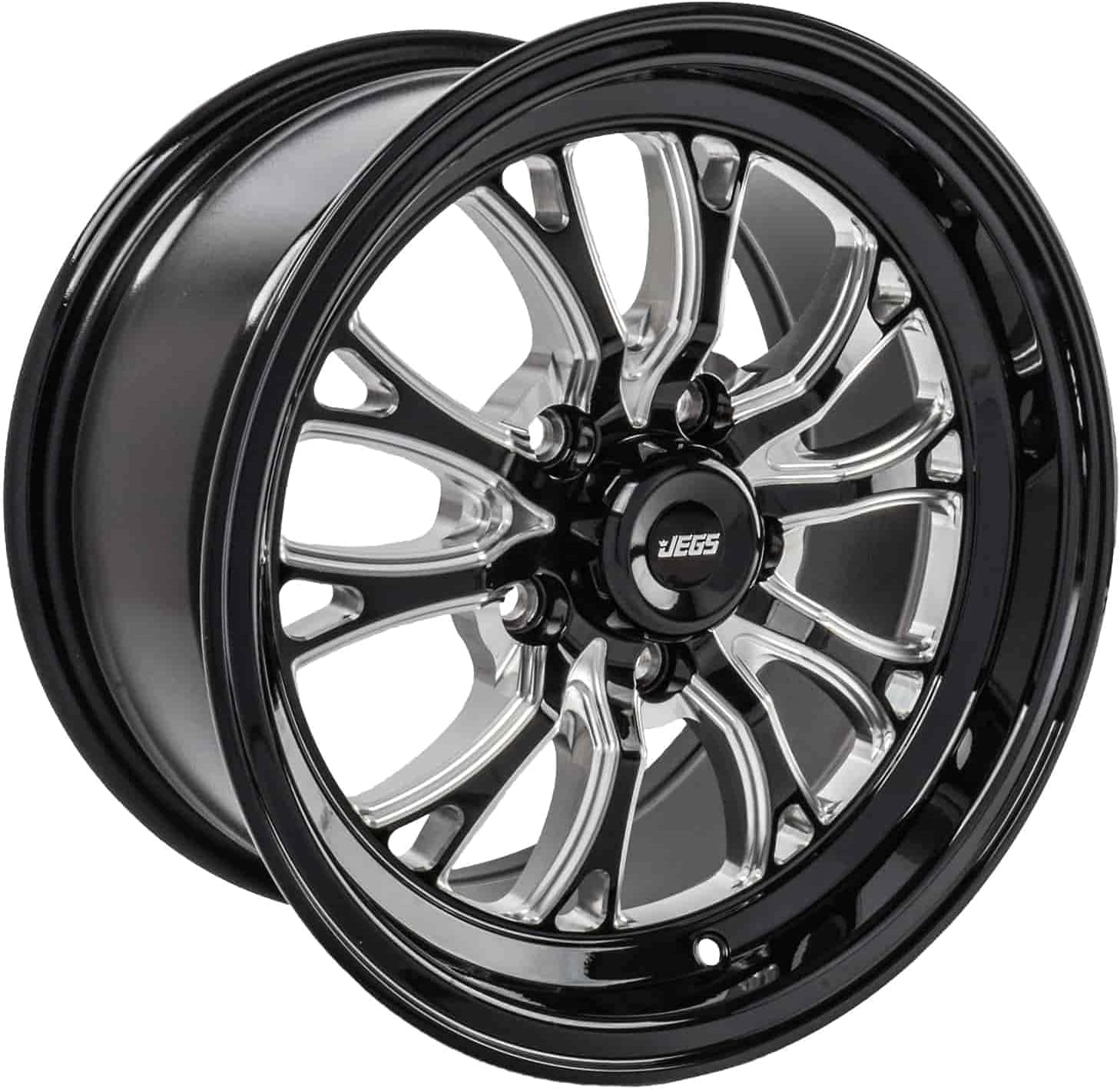 JEGS SSR Spike Wheel 15 x 8 | 5 x 4.75” Wheel Bolt Pattern Spacing | +27mm Offset | 5.5” Backspacing | Gloss Black with Milled Spoke Accents | 3.27” Center Bore