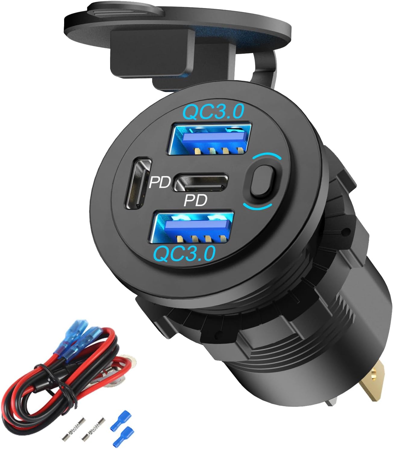 2 Pack 12V USB Outlet 4 Port Car Charger, 78W Super Fast Dual PD3.0 & QC3.0 Multiple USB Port for Car, USB C Cigarette Lighter Replacement 12 Volt Socket Waterproof for Marine Boat Motorcycle RV Golf