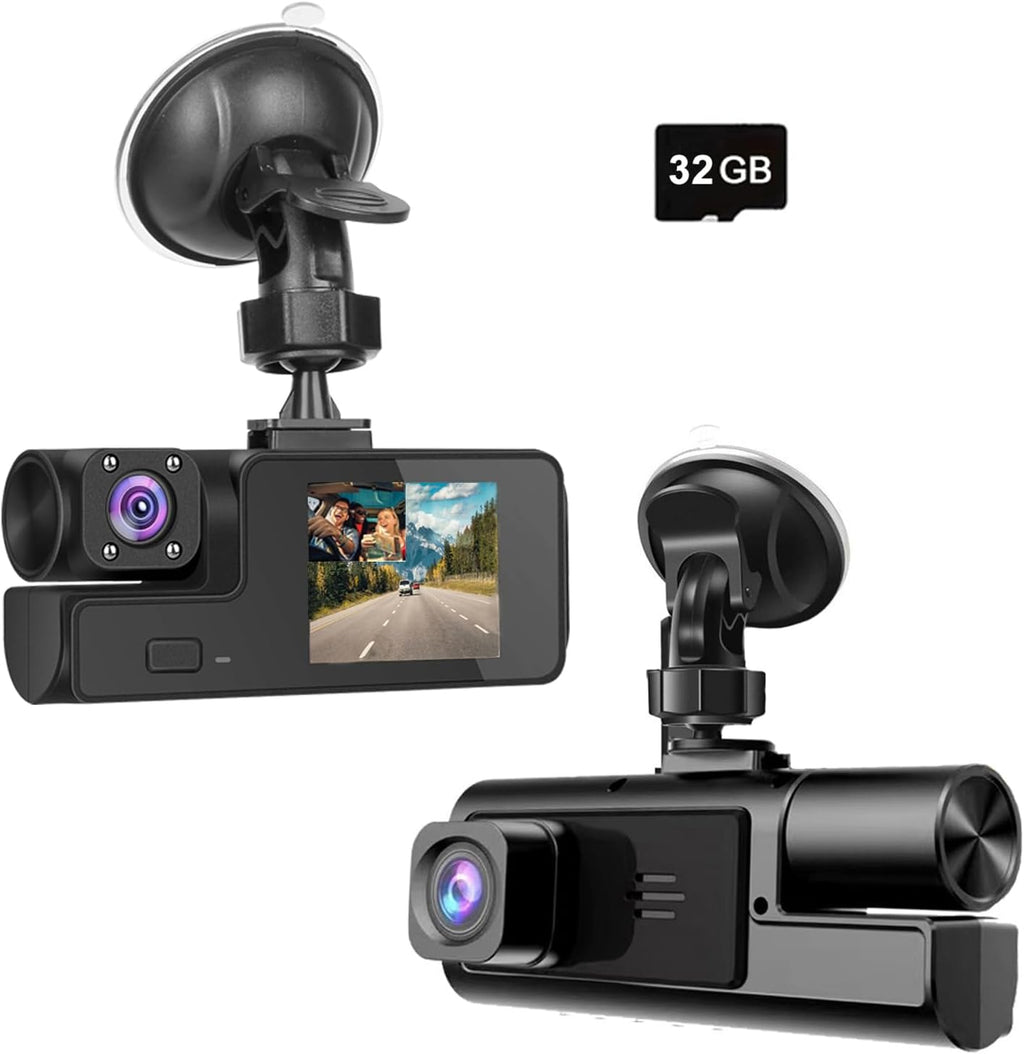 1080P 3 Channel Dash Camera for Car Front and Rear Inside Dashcam Car Video Recorder,170°Wide Angle Vehicle Cam,WDR,G-Sensor,2’’ IPS Screen,Loop Recording,Night Vision(3Channel Dash Cam With 32G Card)
