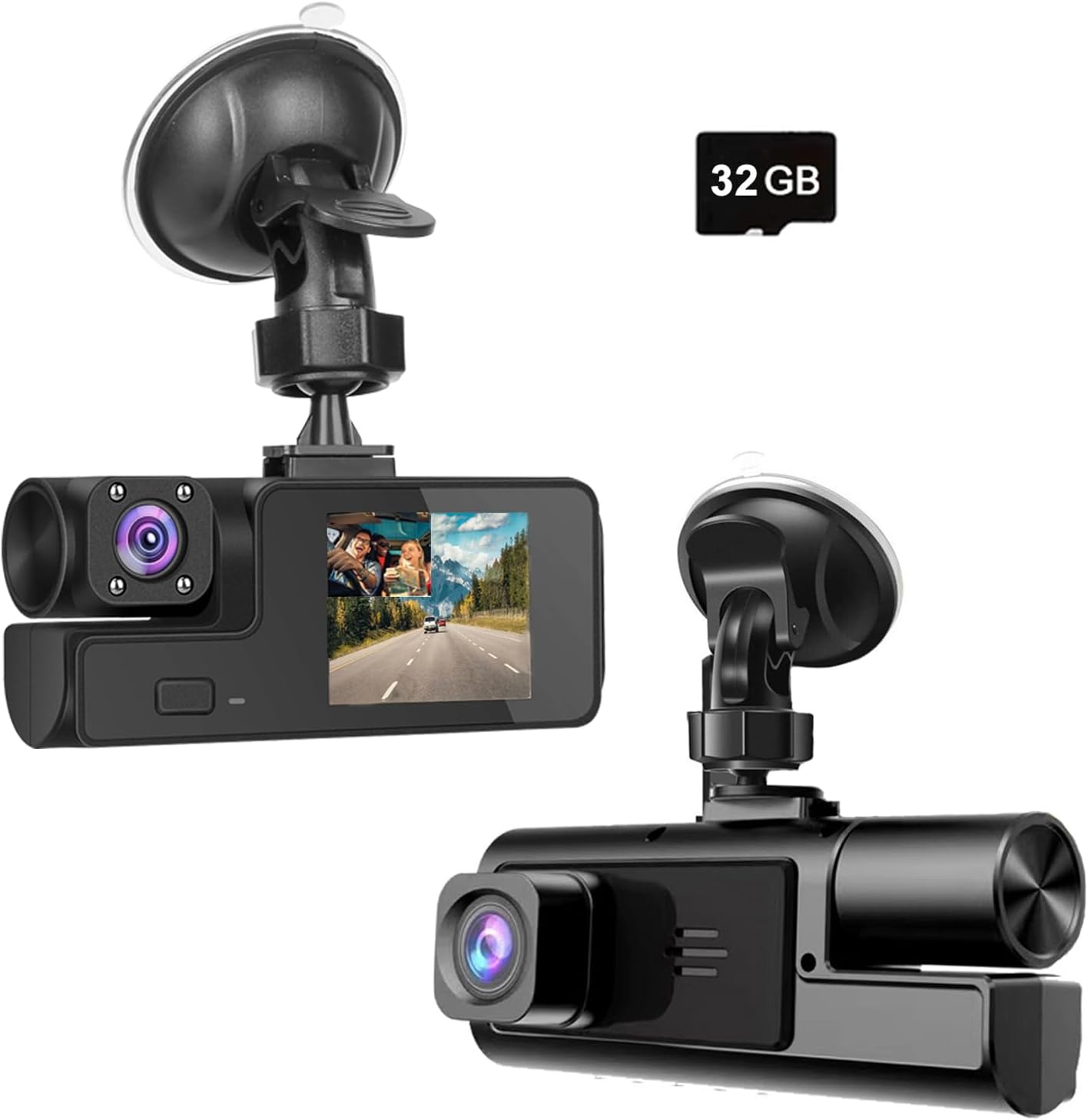 1080P 3 Channel Dash Camera for Car Front and Rear Inside Dashcam Car Video Recorder,170°Wide Angle Vehicle Cam,WDR,G-Sensor,2’’ IPS Screen,Loop Recording,Night Vision(3Channel Dash Cam With 32G Card)