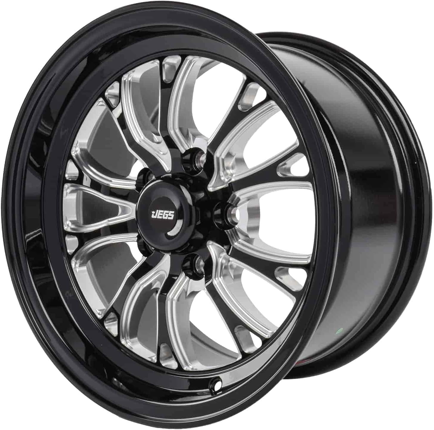 JEGS SSR Spike Wheel 15 x 8 | 5 x 4.75” Wheel Bolt Pattern Spacing | +27mm Offset | 5.5” Backspacing | Gloss Black with Milled Spoke Accents | 3.27” Center Bore