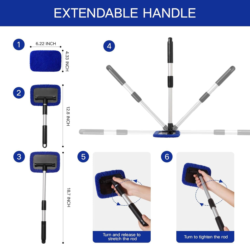 11pcs Windshield Cleaner Tool, Car Window Cleaning Wash Kit with 6 Reusable Microfiber Pads 2 Spray Bottles and Extendable Handles Auto Glass Wiper Kit, Blue
