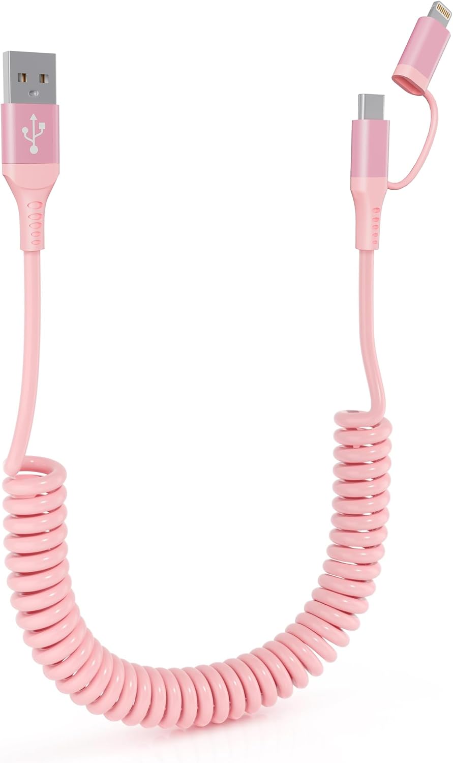 2-in-1 Coiled USB-C & Lightning Pink iPhone Car Charger - Pink Charger for iPhone 16/15/14/Android, Apple CarPlay & Android Auto Supported, Short Coiled Design for Car/Travel/Power Bank (3-4FT)