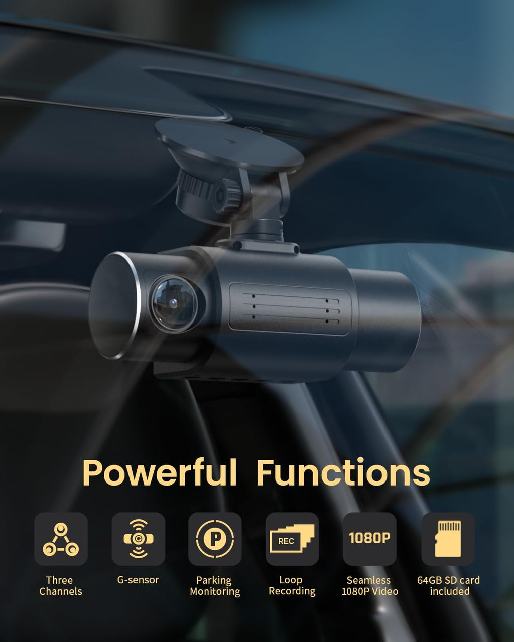 iiwey Dash Cam Front Rear and Inside 1080P Three Channels with IR Night Vision Car Camera SD Card Included Dashboard Camera Dashcam for Cars HDR Motion Detection and G-Sensor for Car, Taxi, Uber