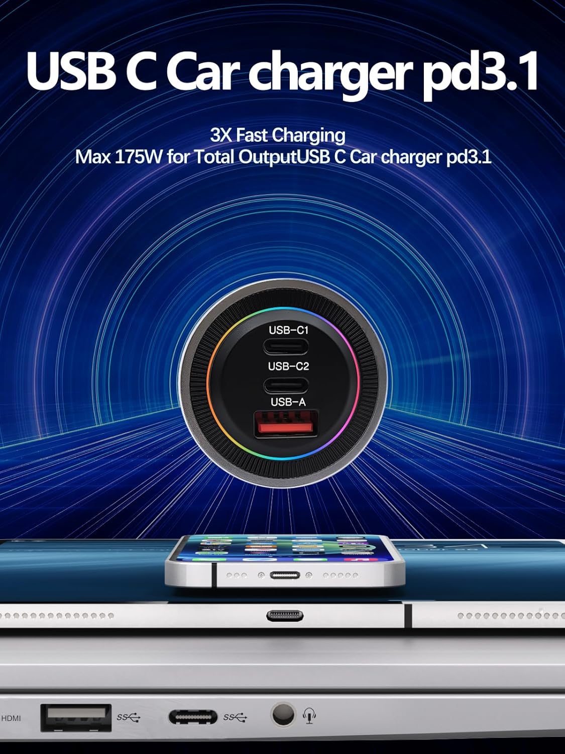 175W Car Charger Adapter Super Fast Charging PD3.1 140W/PD3.0 100W PPS45W QC3.0+PD 35W PPS25W+30W for iPhone 16 15 14 Max Galaxy S24/23/22 iPad MacBook Pro Air Type-C Laptop Pixel (1)