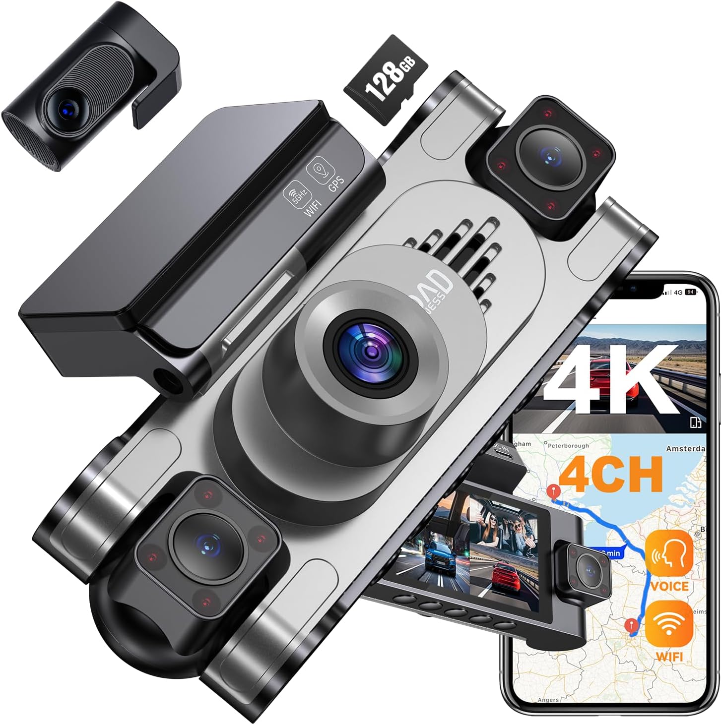 4K 360° DashCam for Cars,4 Channel Car Dash Cam Front and Rear Inside with 128GB Card Included,Voice Control,5.8G WiFi GPS,IR Night Vision, G Sensor, 24/7 Parking Mode &Loop Recording Dash Camera