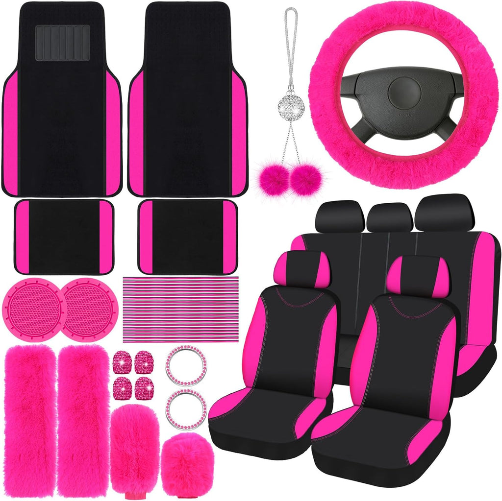 Woanger 47 Car Seat Cover Full Set for Women Included Car Front Rear Seat Fluffy Steering Wheel Cover Belt Automotive Floor Mats Air Conditioner Decoration Strip Universal(Blue)