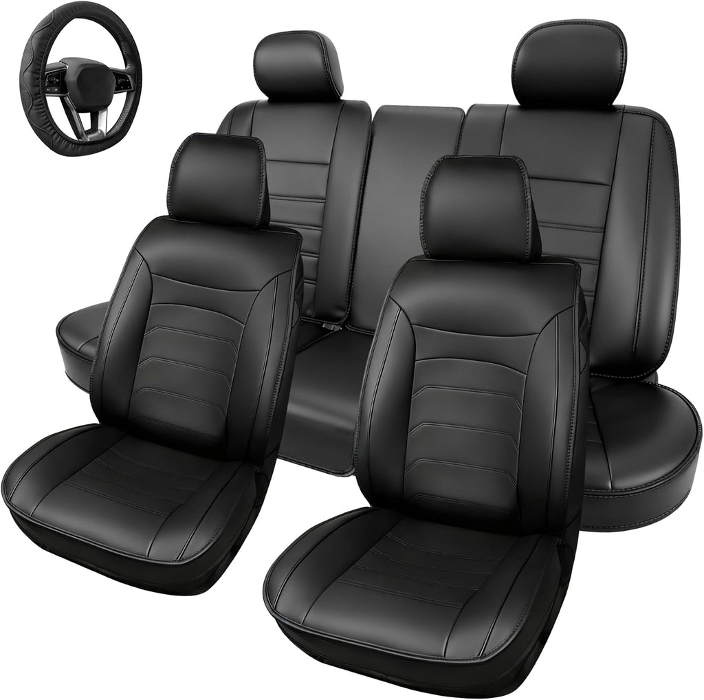 [2025 Upgraded Leather Fabric] Car Seat Cover with Steering Wheel Cover, Car Seat Covers Full Set Airbag Compatible, Waterproof Leather Seat Covers, Universal Car Seat Covers for Trucks, SUV