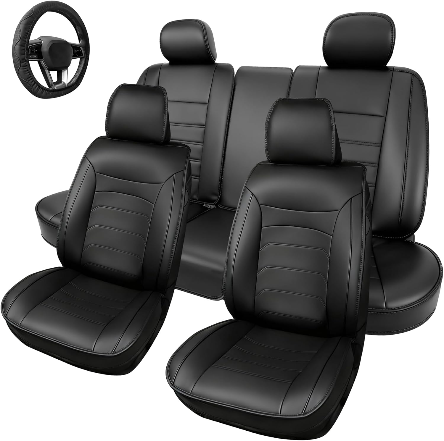 [2025 Upgraded Leather Fabric] Car Seat Cover with Steering Wheel Cover, Car Seat Covers Full Set Airbag Compatible, Waterproof Leather Seat Covers, Universal Car Seat Covers for Trucks, SUV