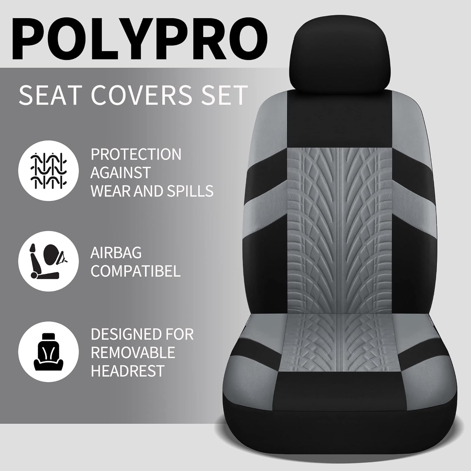 VarCozy Car Seat Covers Full Set, Front & Split Rear Bench for Car, Universal Cloth SUV, Sedan, Van, Automotive Interior Covers, Airbag Compatible, Black&Grey (VC-01-B1)