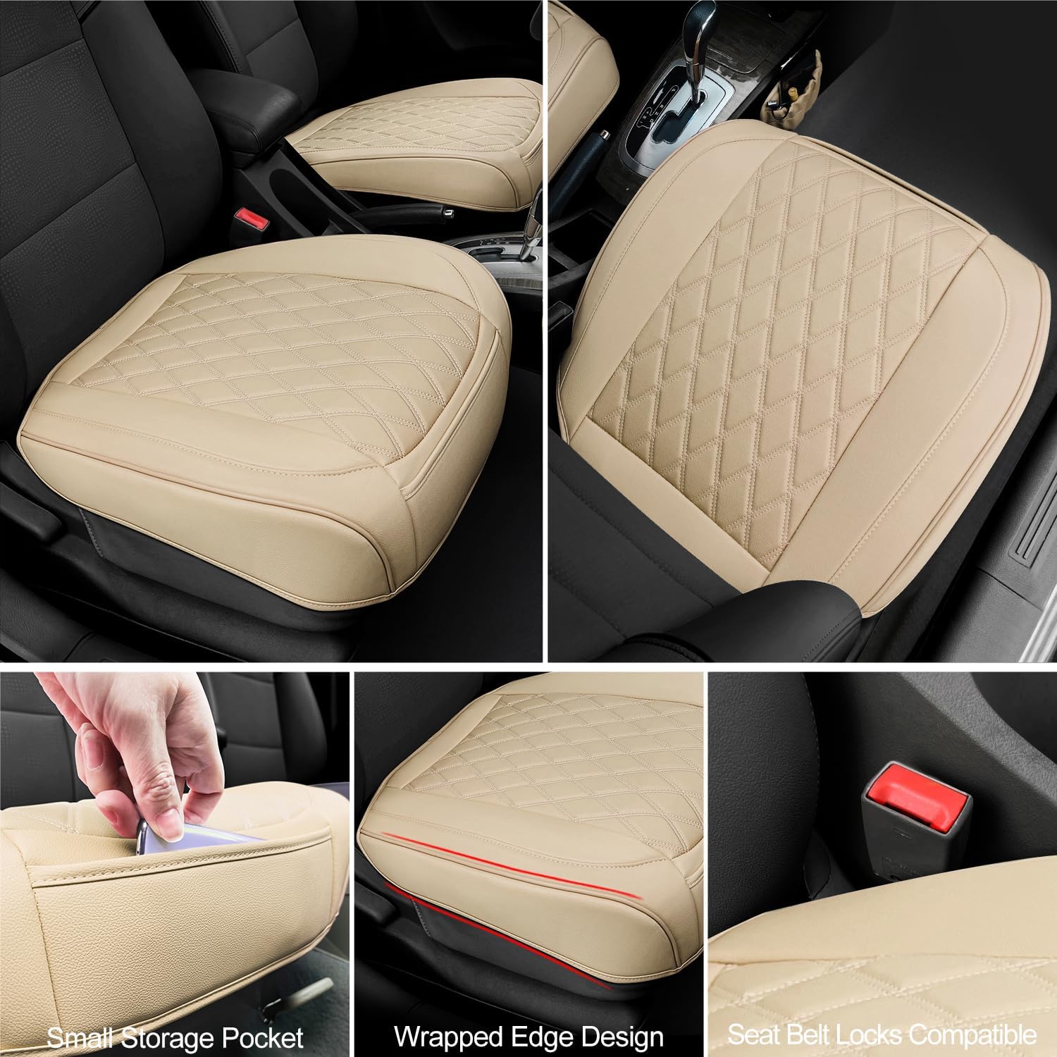 2 Pack Leather Front Car Seat Cover Bottom Car Seat, Anti-Slip and Full Wrap Driver Car Seat Protectors with Storage Pocket, Luxury Waterproof Bottom Auto Seat Cushion for Most Vehicles(Yellow Beige)