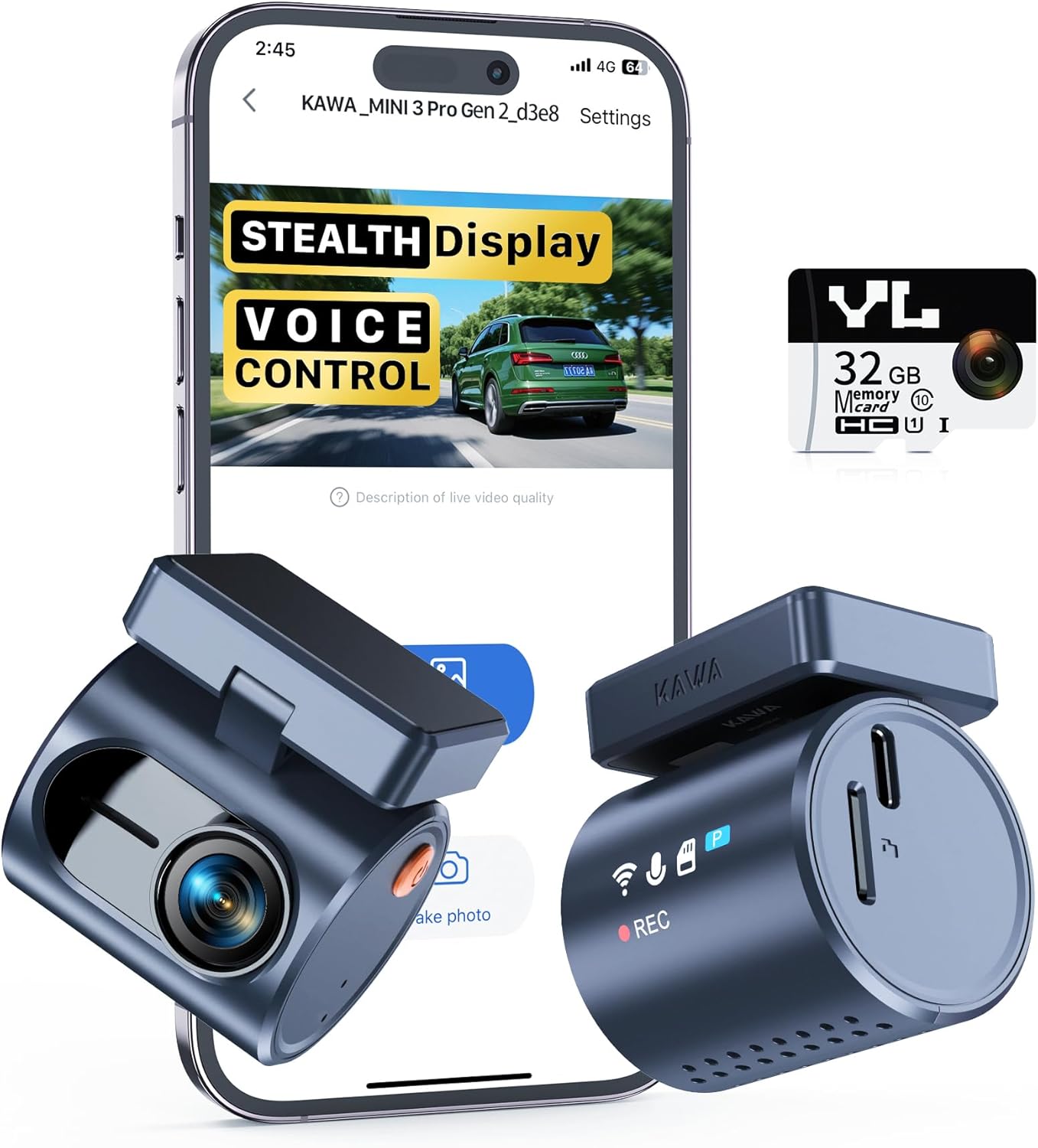 KAWA 2K Dash Cam for Cars with Voice Control - Stealth Display Tiny Dashcam Front Included 32GB Micro SD Card, Super Night Vision, 1296P QHD, G-Sensor, Built in WiFi & App Car Camera