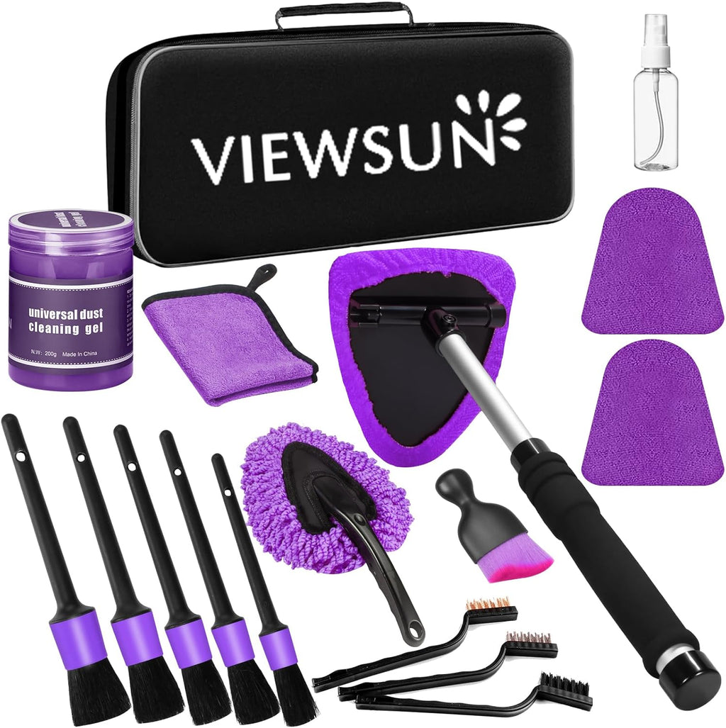 Viewsun Windshield Cleaner Tool, 17Pcs Purple Car Interior Cleaning Kit, Detailing Kit Cleaner, Detailing Brush, Cleaning Gel, Inside Cleaning Supplies Accessories for Trucks, SUVs, RVs Window