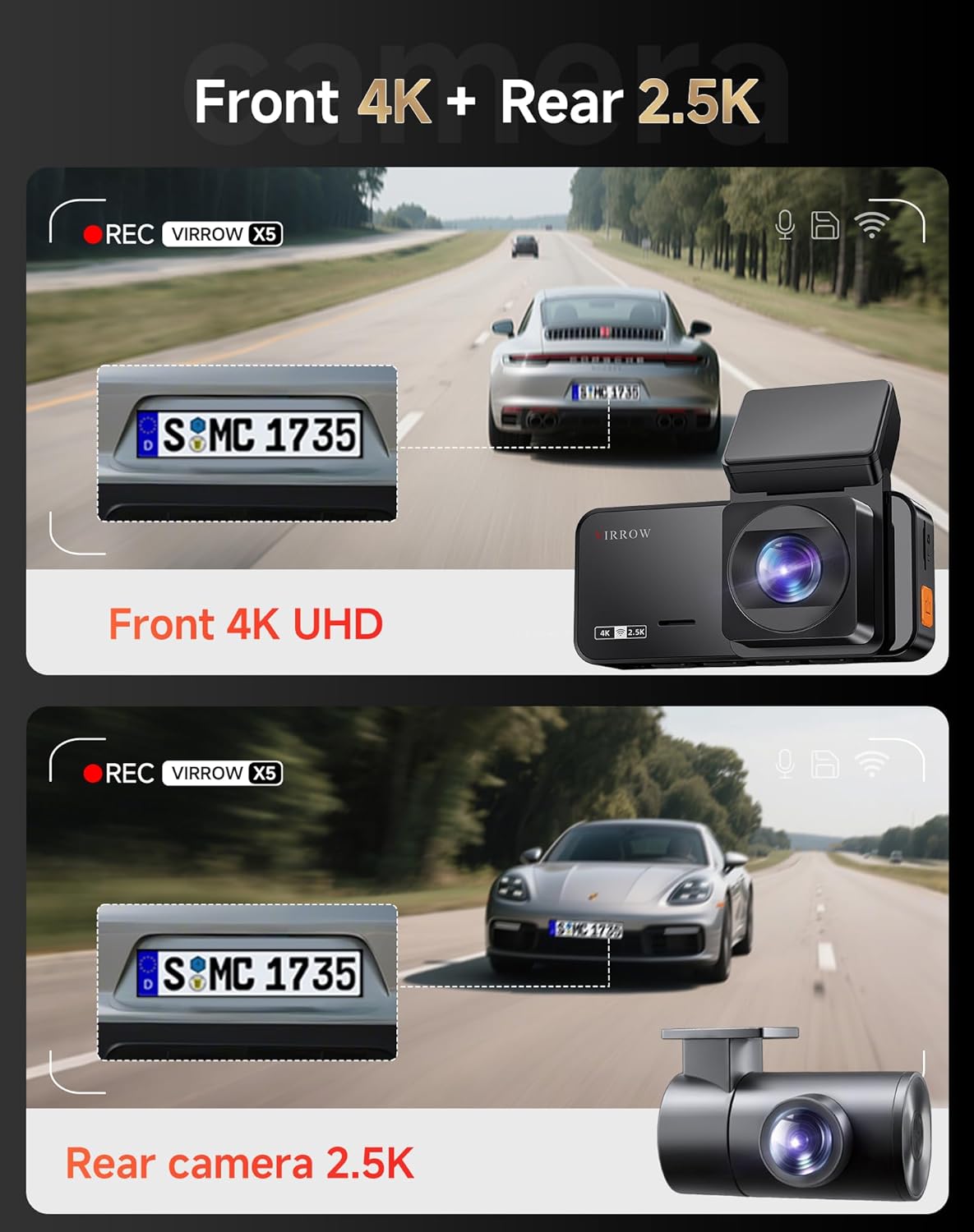 Dash Cam Front and Rear: 4K+2.5K Dash Camera for Cars with Touch Screen 3.39" - Dashcam with WiFi APP Control 64GB Parking Mode Night Vision Loop Recording Emergency Lock (X5)
