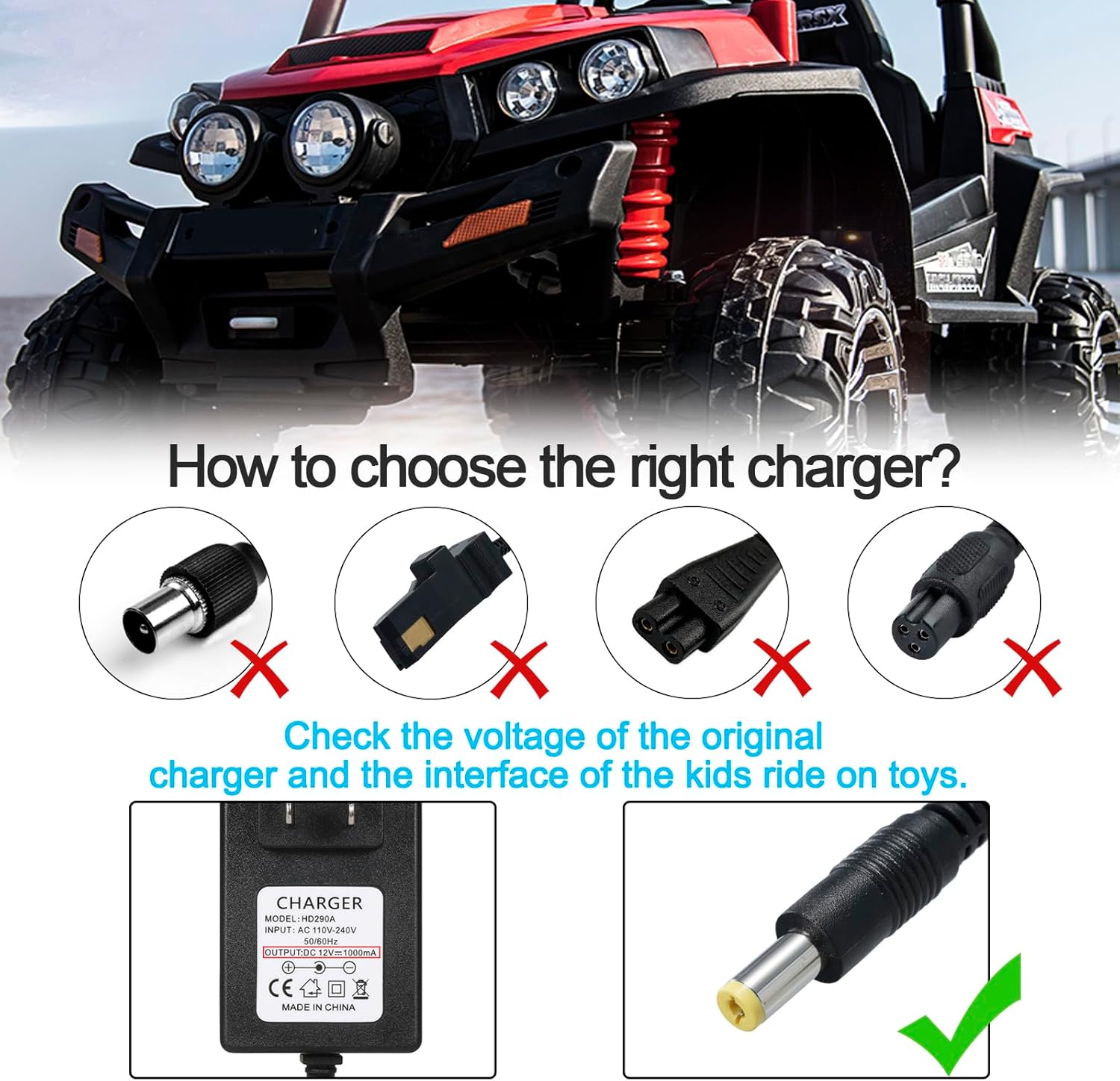 12V Kids Charger for Ride On Car, 12V Various Electric Ride-on Toys Car Battery Charger，12 V Universal Kids Riding Toy Chargers