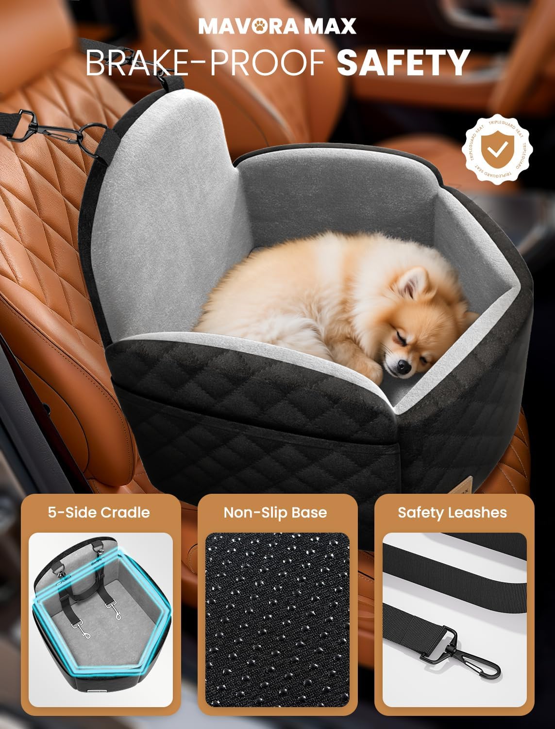 (Up to 35lbs Small/Medium Dog Car Seat Booster Dog Seat for Car Portable with Adjustable Seatbelts Pet Travel Car Bed Seat for SUV, Truck, with Memory Foam Cushion (Black/Grey)