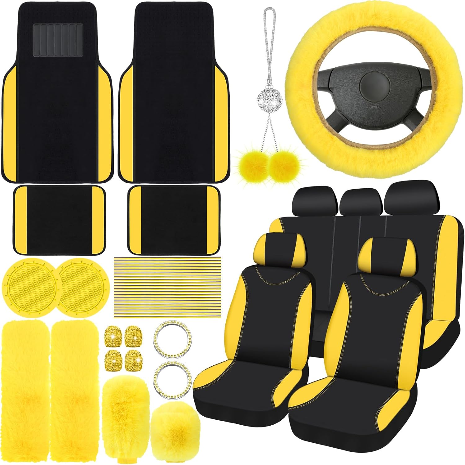 Woanger 47 Car Seat Cover Full Set for Women Included Car Front Rear Seat Fluffy Steering Wheel Cover Belt Automotive Floor Mats Air Conditioner Decoration Strip Universal(Blue)