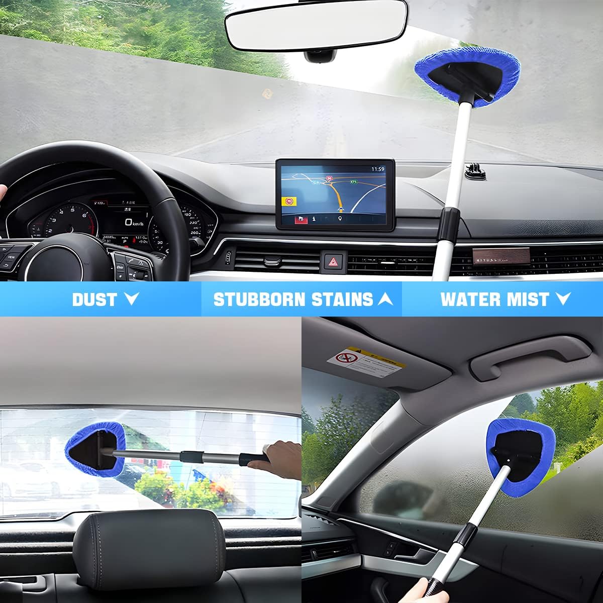 Windshield Cleaning Tool, Car Window Cleaner with Extendable Long Handle and 4 Washable Reusable Microfiber Pads, Auto Interior Exterior Glass Wiper Cleaning Kit Universal for Office and Home (Blue)