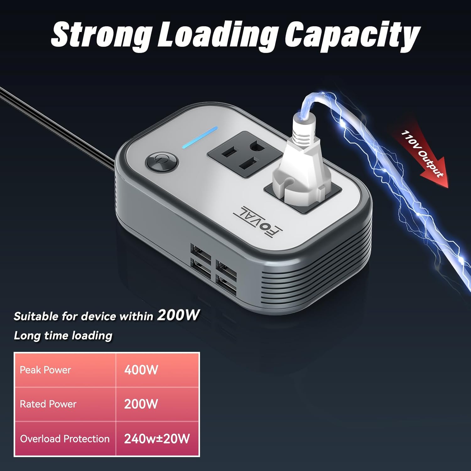 200W Car Power Inverter, FOVAL 12V DC to 110V AC Car Inverte with 4 USB Ports Car Outlet Adapter, Power Inverter for Vehicles, Car Plug Adapter Outlet for Laptop Computer Charger (Gray)