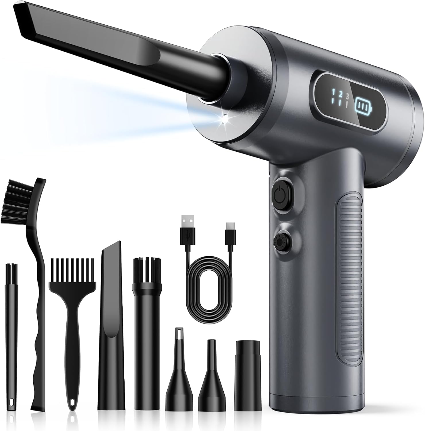 Compressed Air Duster-3 Gear Adjustable 100000RPM Electric Air Duster with LED Light, Rechargeable Cordless Air Blower for Keyboard Electric Devices Cleaning. Replaces Compressed Air Cans (Black)