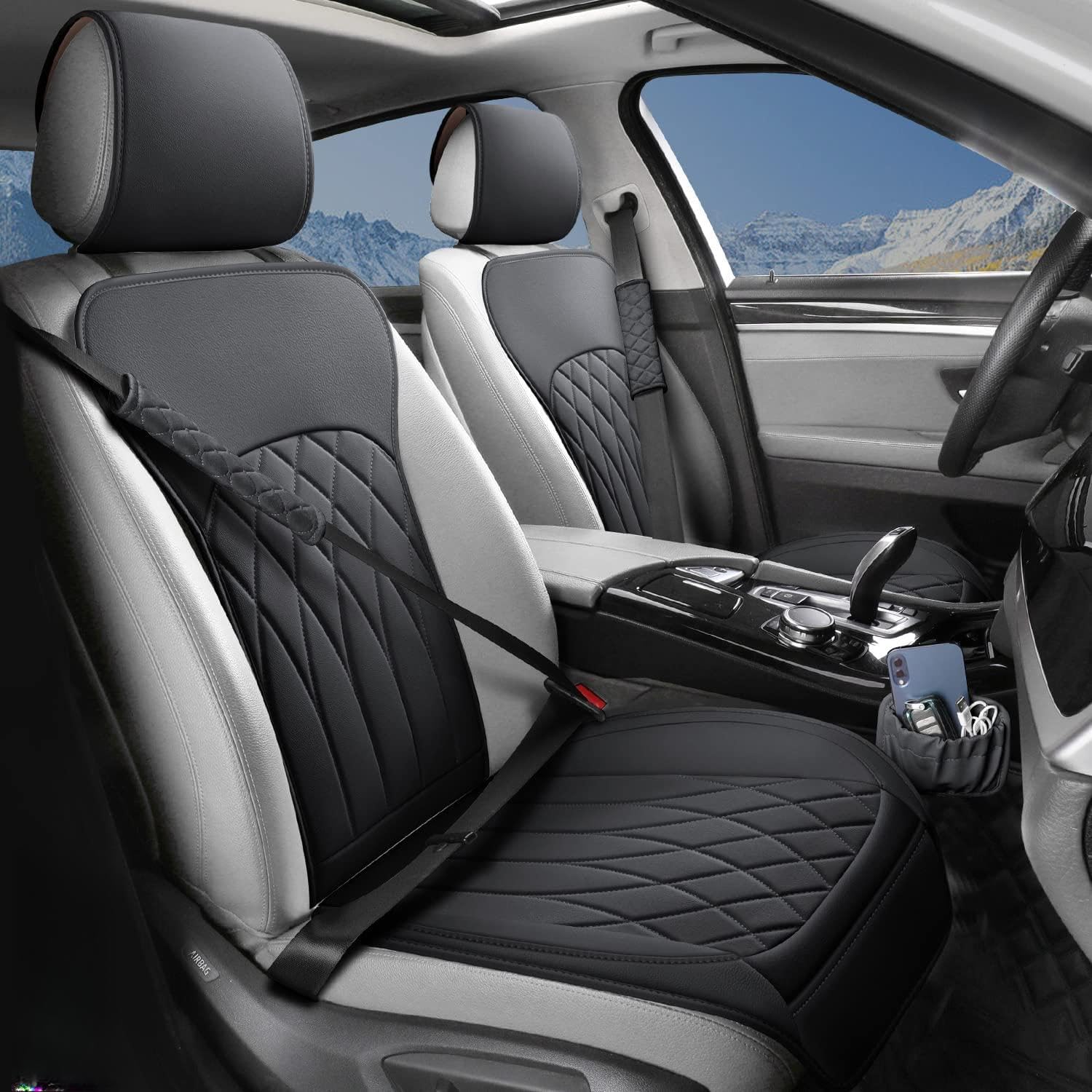 2 Pack Leather Front Car Seat Covers, Universal Sideless Car Seat Protectors with Storage Pocket and Seat Belt Pads, Waterproof Automotive Seat Cover for Cars Trucks SUV(Purple)