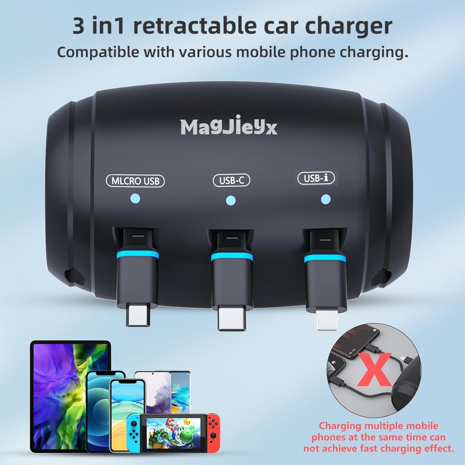 Multi Retractable Car Charging Station Box, 3 in 1 Headrest Fast Power Charging Dock Cord USB Type C Fits iPhone 16/15/14/iPad/Android/Samsung|Uber Lyft Backseat Passengers Share Rid