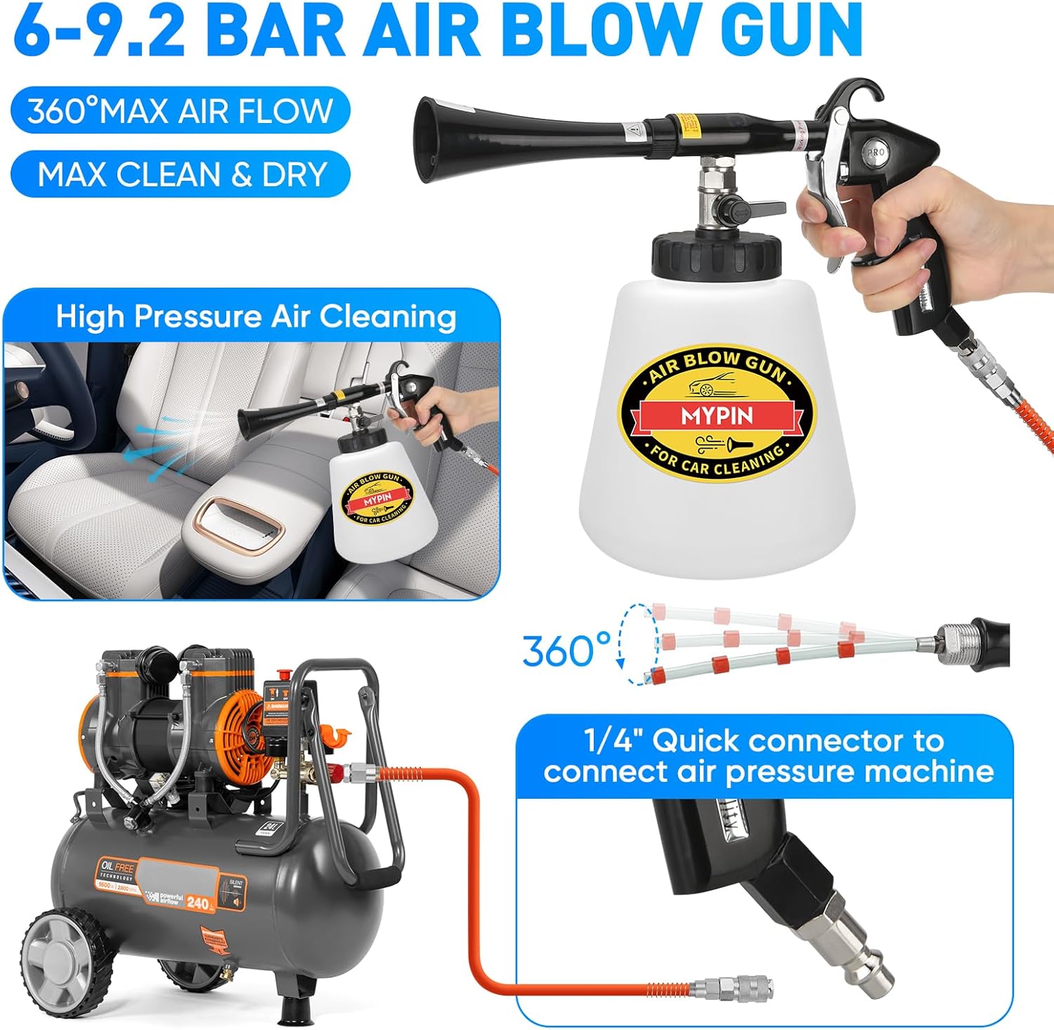 MYPIN Car Cleaning Gun Kit, 6-9.2Bar, High Pressure Air Blow Gun with 2 Set Nozzle, Interior Car Cleaning for Vehicle Upholstery Carpet Seat