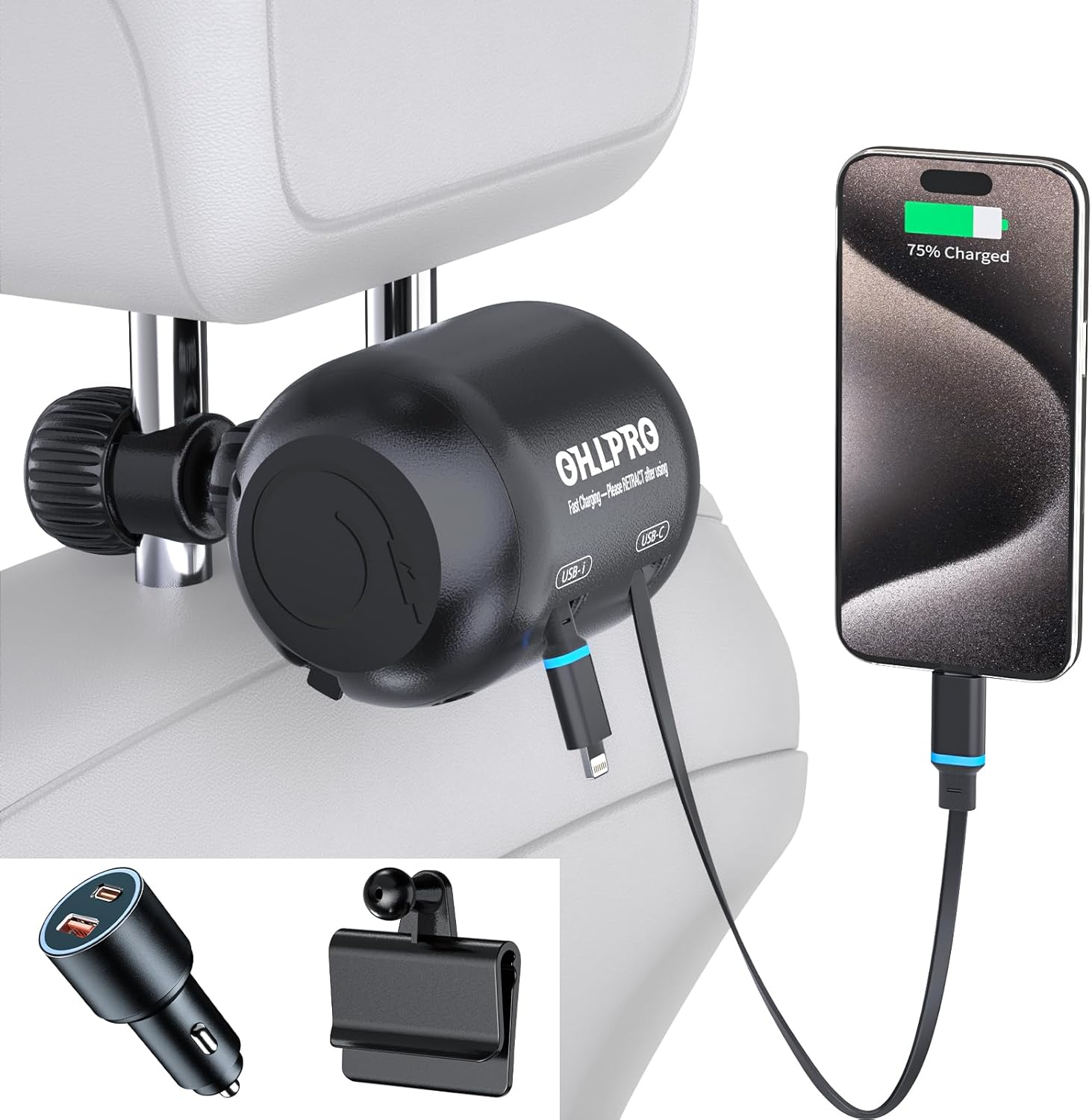 OHLPRO 2 in 1 Backseat Car Charging Station Box, 45W Fast Charge Multi Retractable Car Charger for iPhone/Samsung and Tablets, for Lyft Uber Driver and Passengers for Chargers